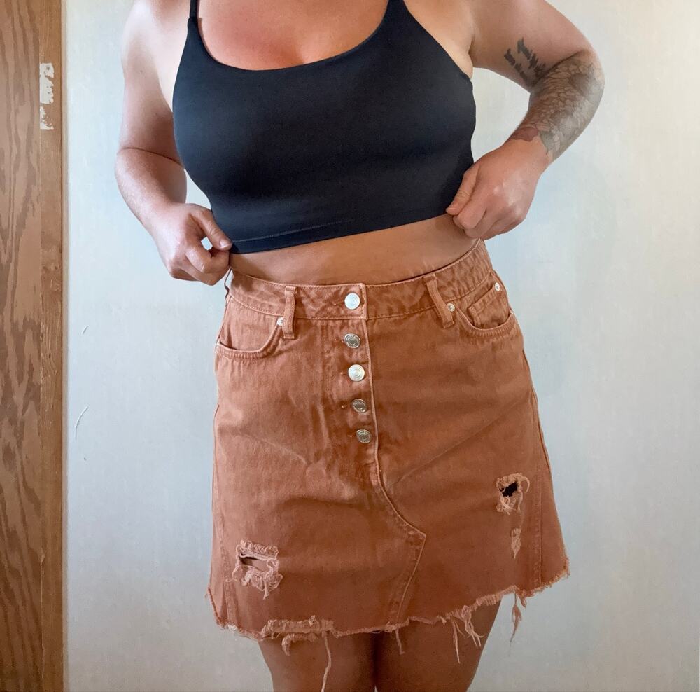 Free People We The Free Brown Distressed Denim Mini Skirt Button Front 31